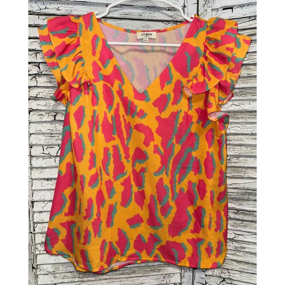 Women's Orange Umgee Pink Leopard Print Top Size Small